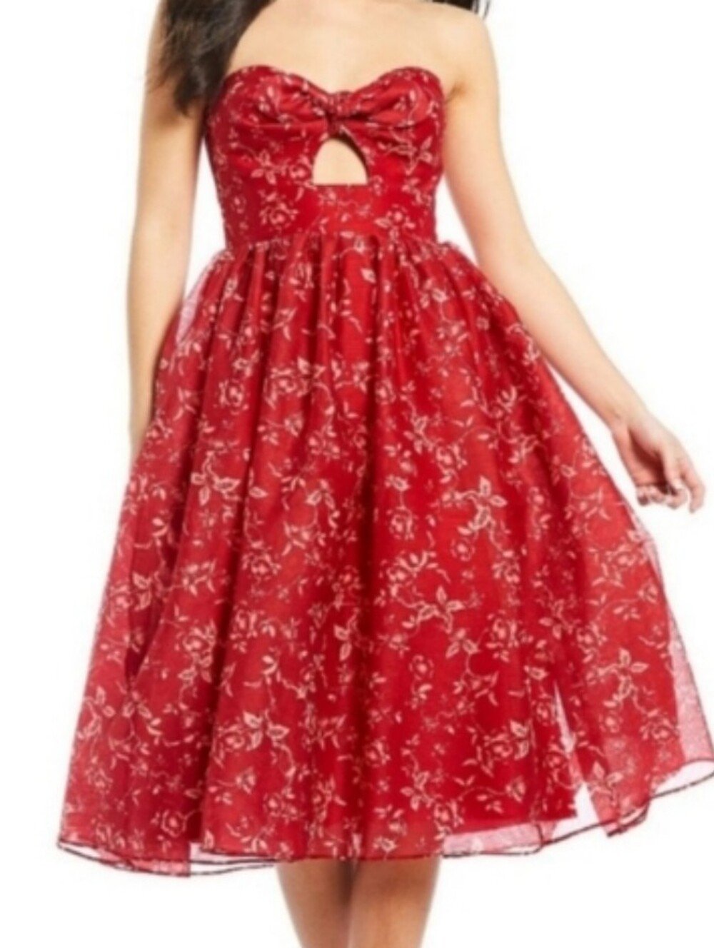 Keepsake The Label Red & Pink Floral Print Fit & Flare Strapless Dress